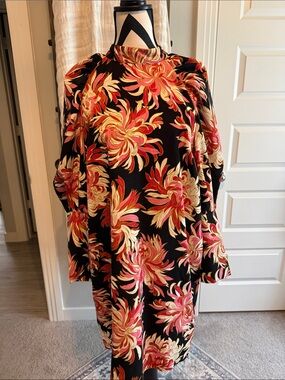 Black Floral Shift Dress with Red and Cream Chrysanthemum Print
